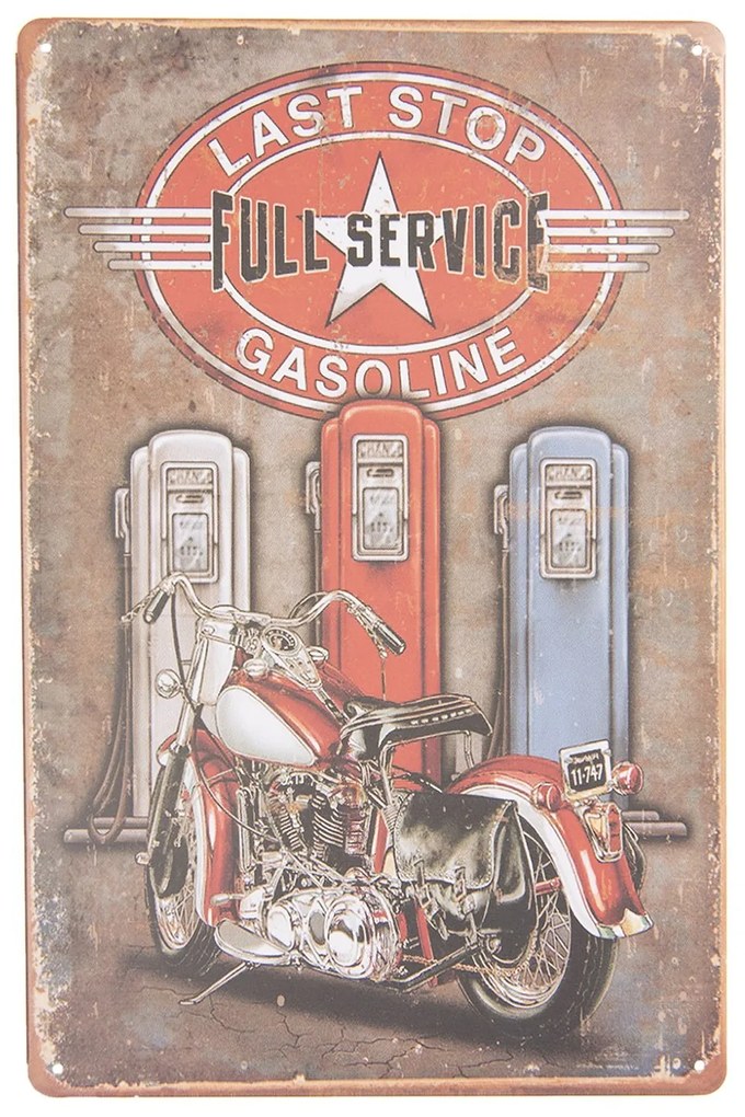 Farebná kovová ceduľa FULL SERVICE GASOLINE s úmyselným odieraním a patinou- 20 * 30 cm