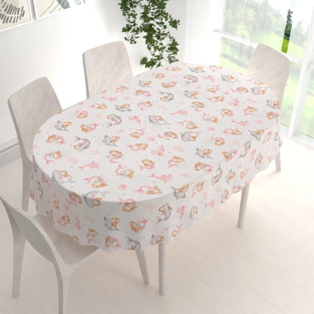 Biante Detský bavlnený oválny obrus Sandra SA-527 Ružové morské panny s delfínmi a veľrybami na bielom 80x120 cm