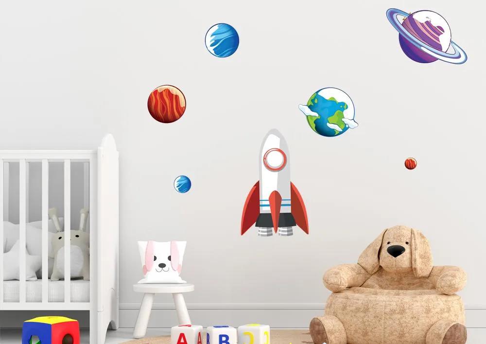 Vesmírna raketa a planéty - detská nálepka na stenu