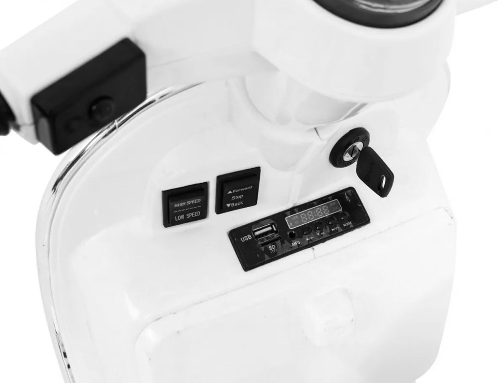 Ramiz Vespa elektrický skúter pre deti Biely + pomocné kolieska + audio + ekokoža + EVA + pomalý štart