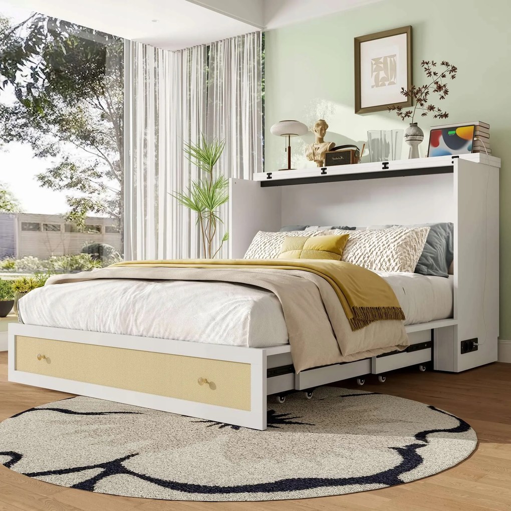 Murphyho posteľ 140x200, zasúvateľná do steny, rozkladacia posteľ Usb, biela