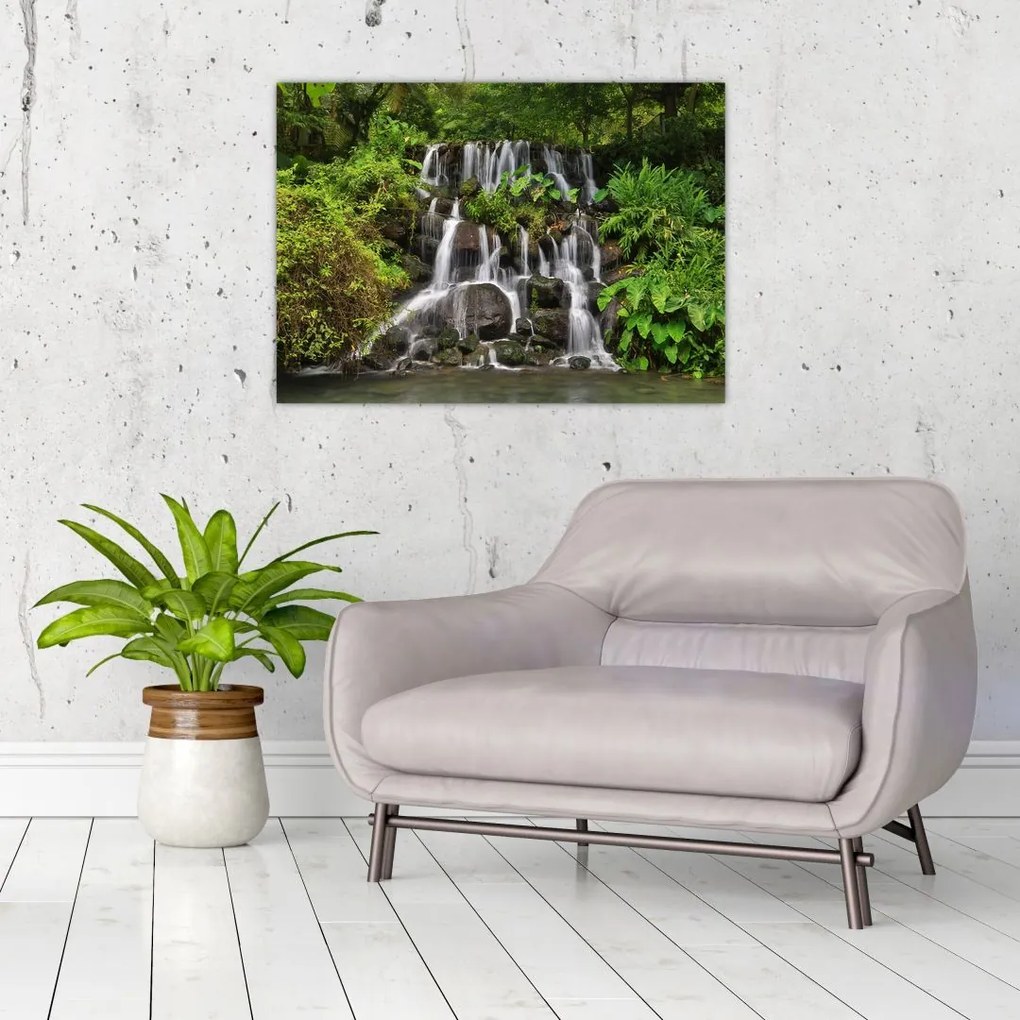 Sklenený obraz vodopádov v tropickom lese (70x50 cm)