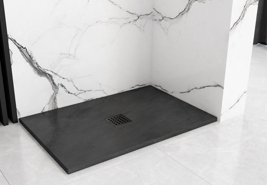 Rea Black Rock, konglomerátová sprchová vanička 120x80x3,5 cm + sifón, čierna, REA-K4579