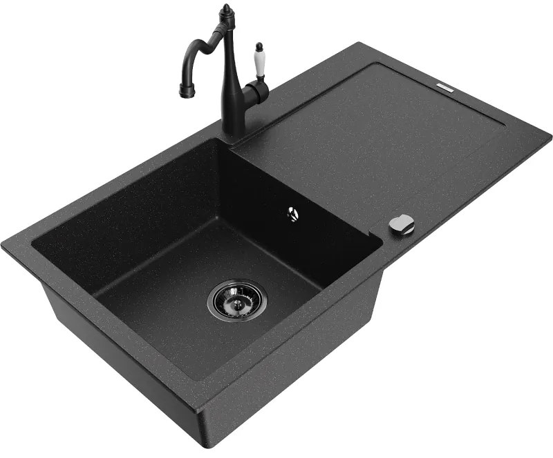 Mexen Leo, granitový drez 900x500x190 mm, 1-komorový a drezová batéria Carla, čierna-strieborná metalíza, 6501-73-670700-70-B