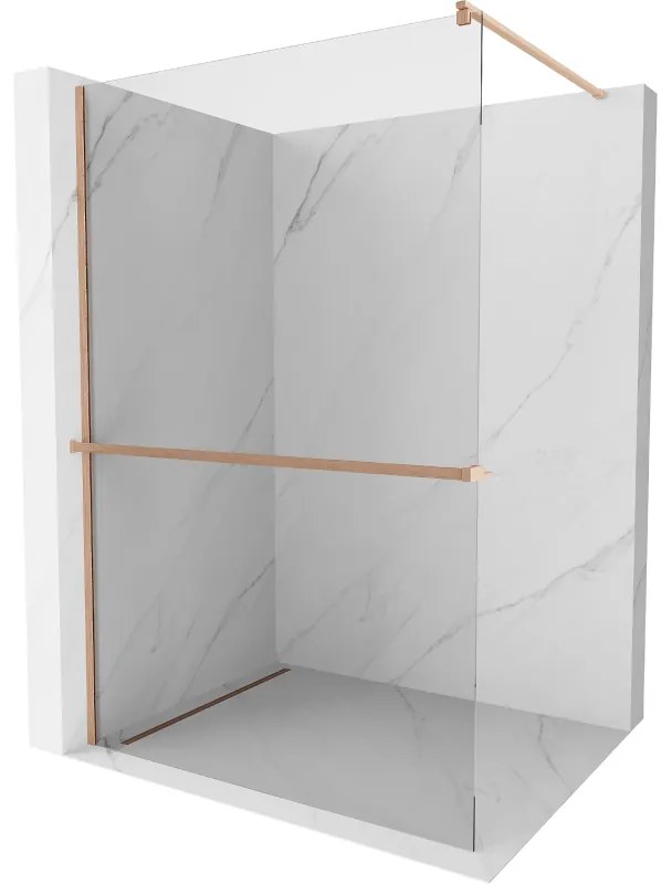 Mexen Kioto+, sprchová zástena Walk-In s poličkou a vešiakom 110 x 200 cm, 8mm číre sklo, medený matný profil, 800-110-121-65-00