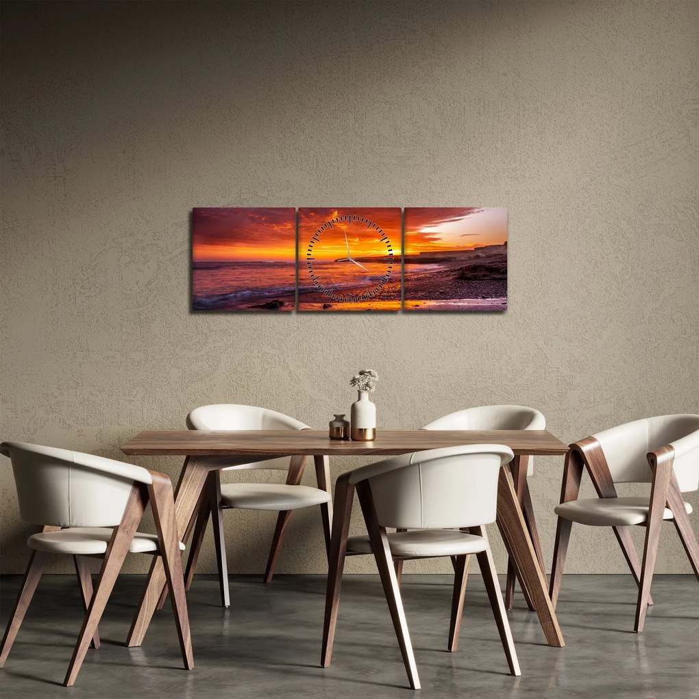 Obraz západu slnka pri mori (s hodinami) (90x30 cm)