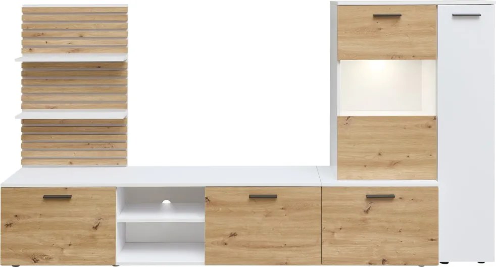 Obývacia stena Heathrow, biela/dub artisan, s osvetlením