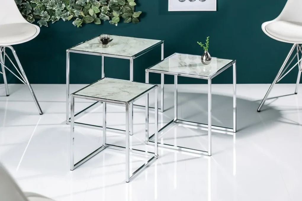 Set odkladacích stolíkov Factor sklo-mramor 3 ks