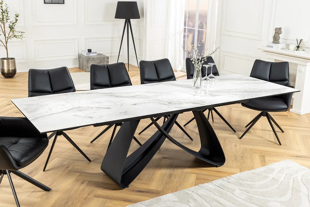 Jedálenský stôl TOMTOC 180-220-260 cm – keramický mramorový vzhľad biely