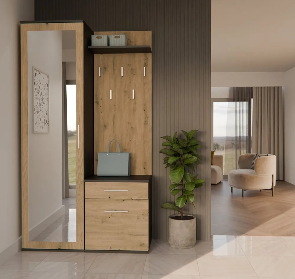 Predsieňová stena so zrkadlom a šuplíkmi DUO dub artisan/antracit