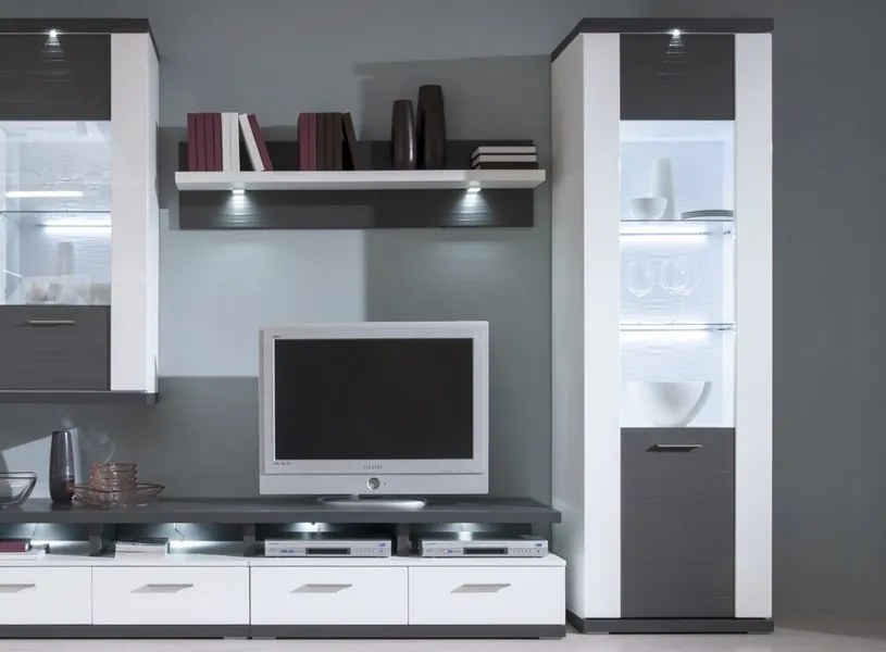 Vysoká vitrína Caracas typ 02, grafit / biely lesk, s osvetlením