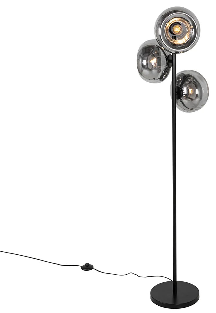 Stojaca lampa v štýle Art Deco čierna s dymovým sklom 3-svetlo - Ayesha