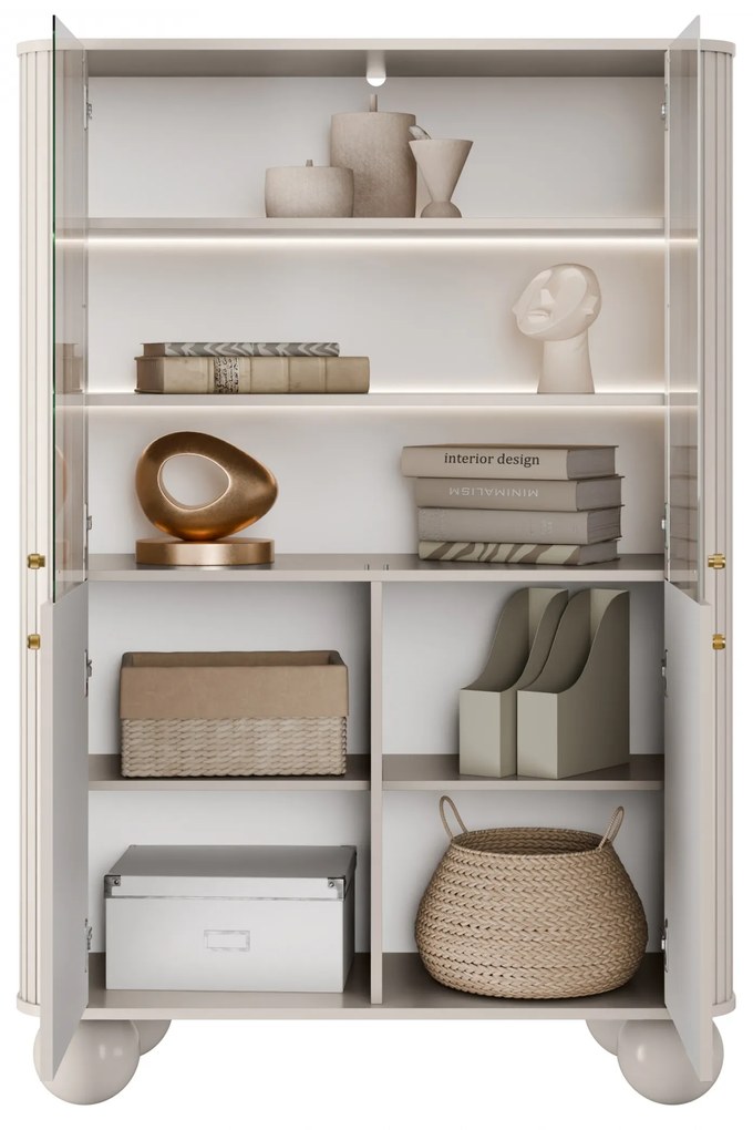 Vitrína Vesper 103 cm štvordverová - kašmír / zlaté úchytky / guľaté nohy