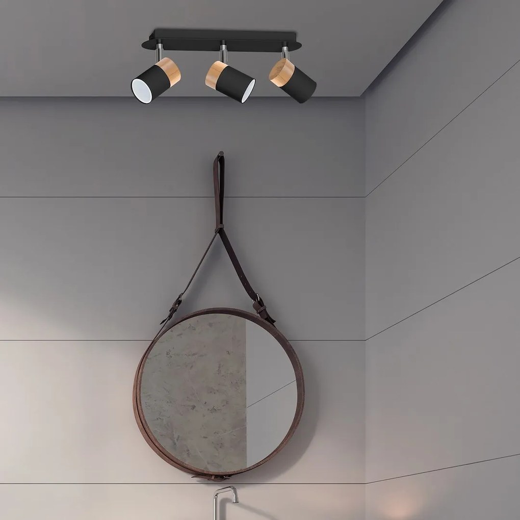 Bodové svietidlo Joker, 3x drevené/čierne kovové tienidlo, b/ch