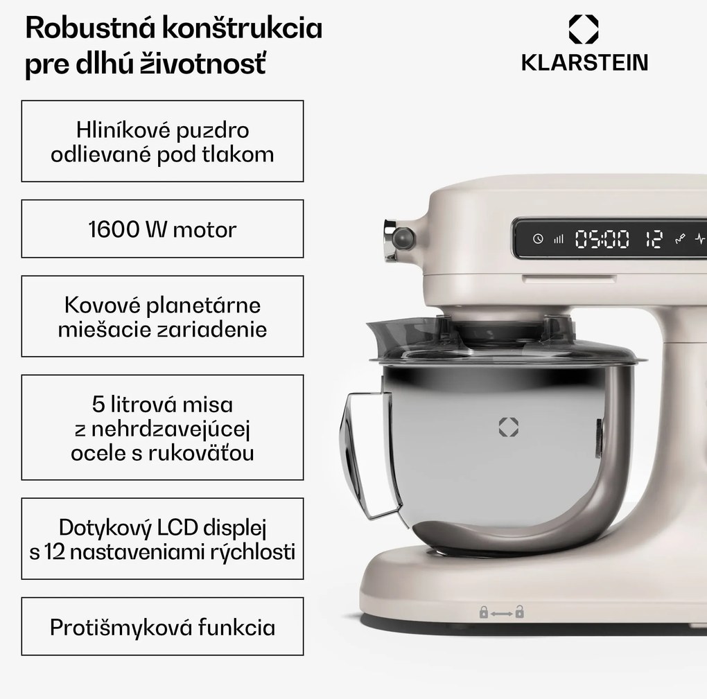 Klarstein Chiara kuchynský robot, 1600 W, 12 nastavení, misa z nehrdzavejúcej ocele, LCD displej, vrátane príslušenstva