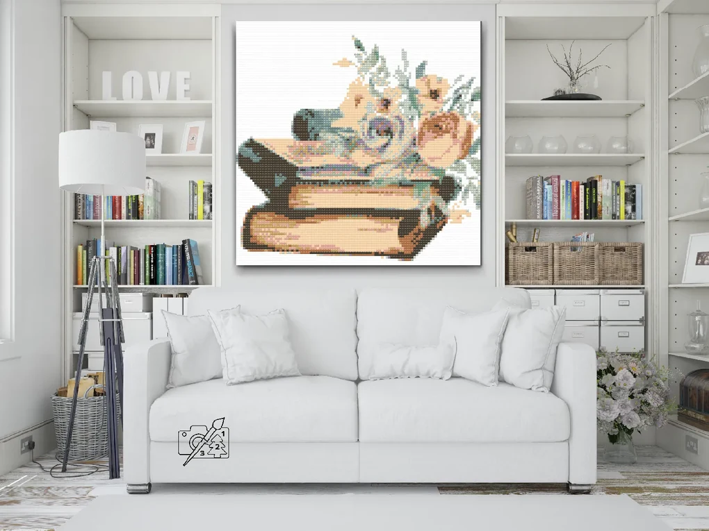 Gario Diamantové maľovanie Kvety na knihách Rozmery: 50 x 50 cm, Rámovanie: S vnútorným rámom, Diamanty: Okrúhle