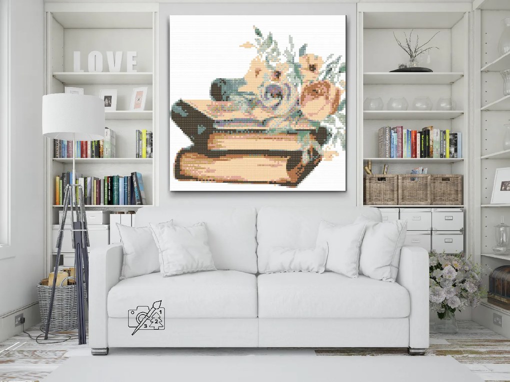 Gario Diamantové maľovanie Kvety na knihách Rozmery: 80 x 80 cm, Rámovanie: S vnútorným rámom, Diamanty: Okrúhle
