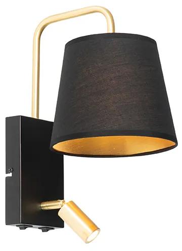 Moderné nástenné svietidlo čierno-zlaté s lampou na čítanie - Renier