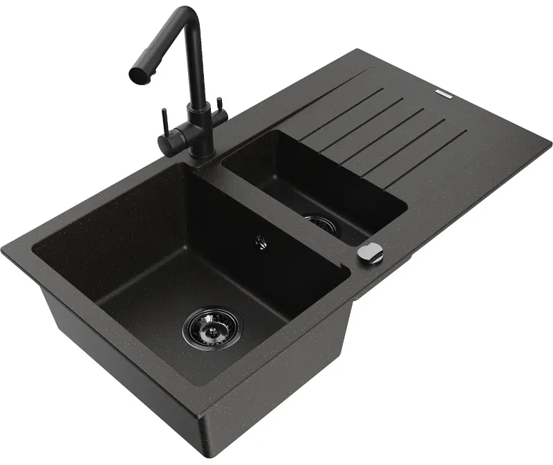 Mexen Matias, granitový drez 900x505x200 mm, 1,5-komorový a čierna batéria Duero, čierna-zlatá metalíza, 6502-75-671600-70-B