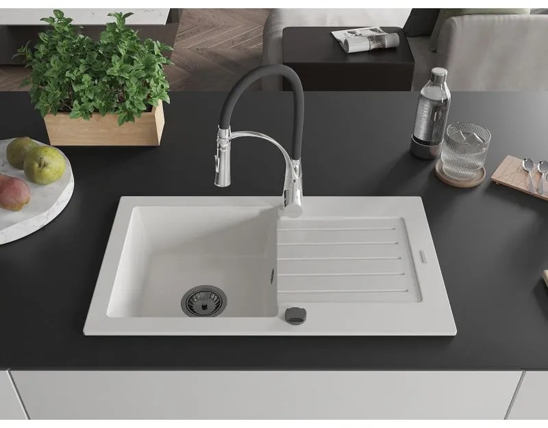 Mexen Pablo, 1-komorový granitový drez 752x436x161 mm a drezová batéria Aster, biela, 6510-20-73450-07-B
