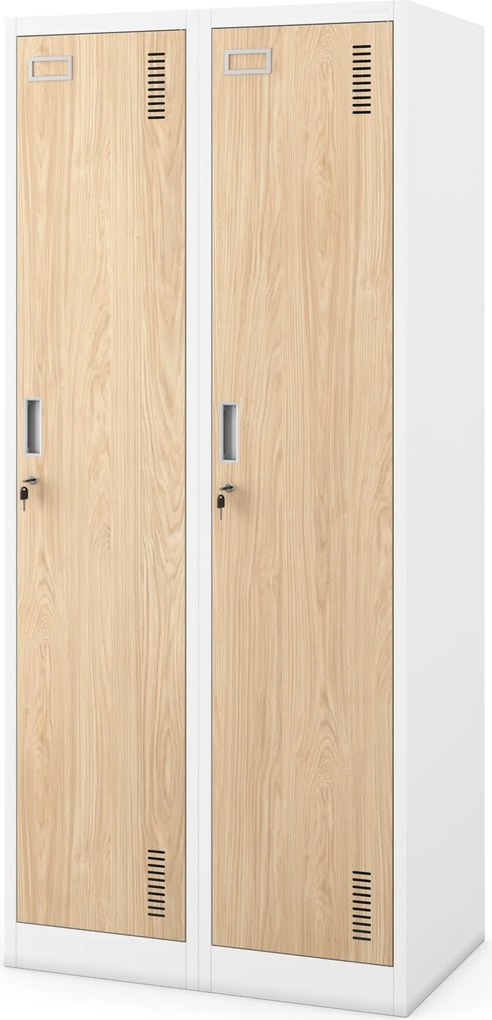 Kovová šatňová štvormodulová skriňa na sokli s policou KACPER, 800 x 1800 x 500 mm, Eco Design: biela/ dub sonoma