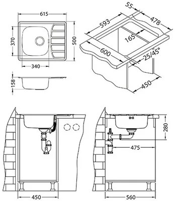 Nerezový drez s batériou Zoom 500x615 mm