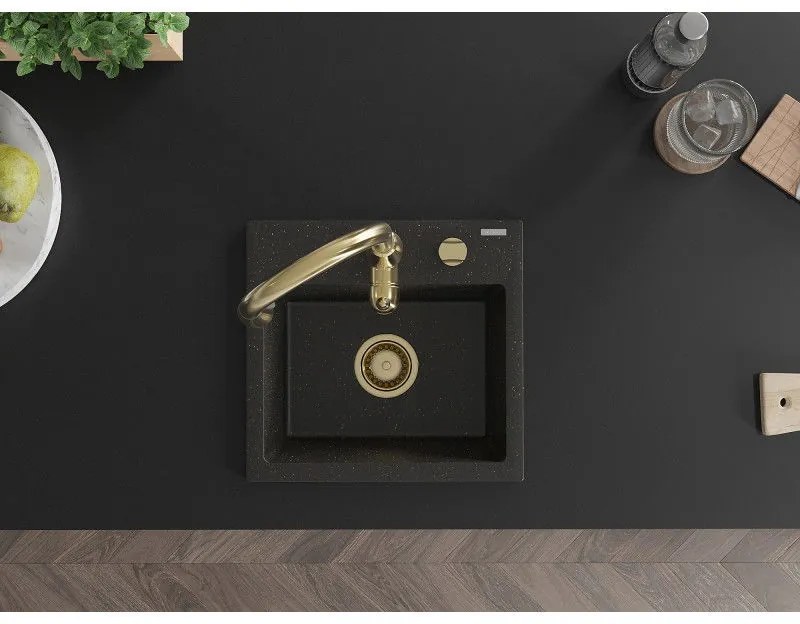Mexen Milo, 1-komorový granitový drez 435x410x171 mm a drezová batéria Savita, čierna-zlatá metalíza, 6505-75-672601-50