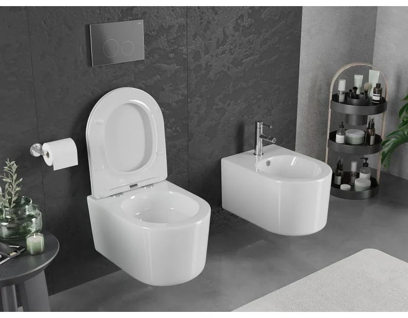 Mexen Sofia, závesná WC misa 490x360x355 mm, Rimless Tornádo + WC sedadlo z duroplastu, biela lesklá, 30540400T
