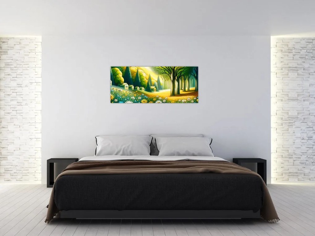 Obraz - Dedina v žlto-zelenej (120x50 cm)