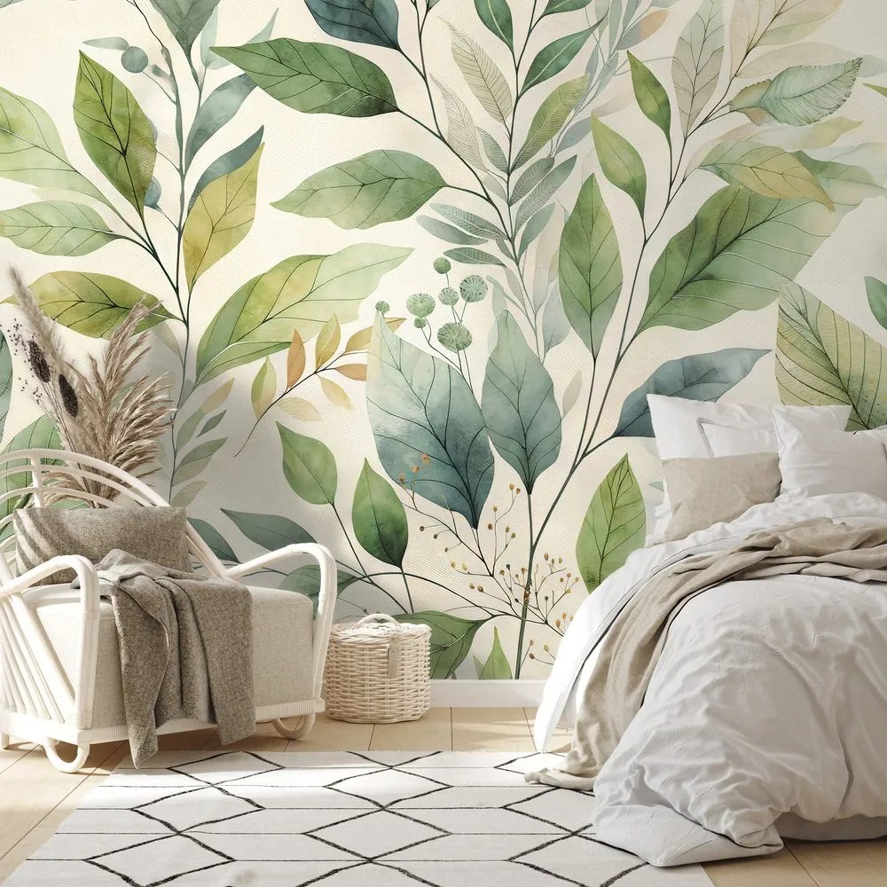 Samolepiaca tapeta zelené akvarelové listy na béžovom pozadí