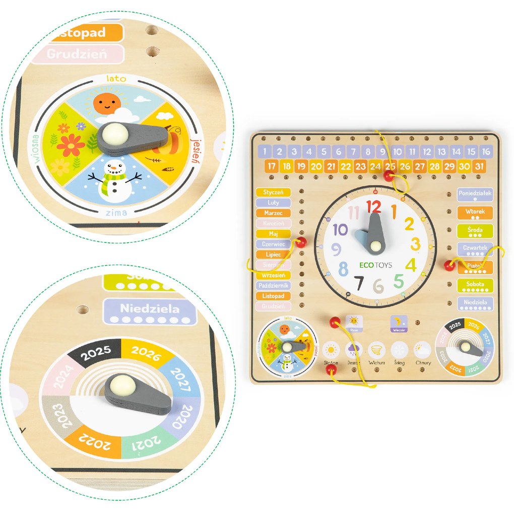 Drevená manipulačná tabuľa s kalendárom a hodinami