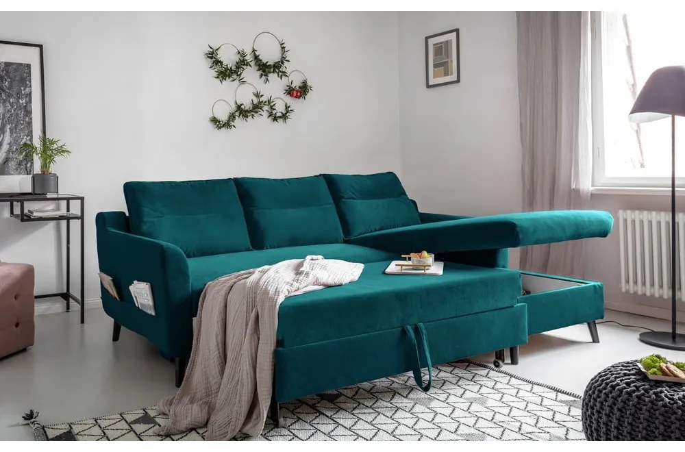 Tyrkysovomodrá zamatová rozkladacia rohová pohovka Miuform Stylish Stan, pravý roh