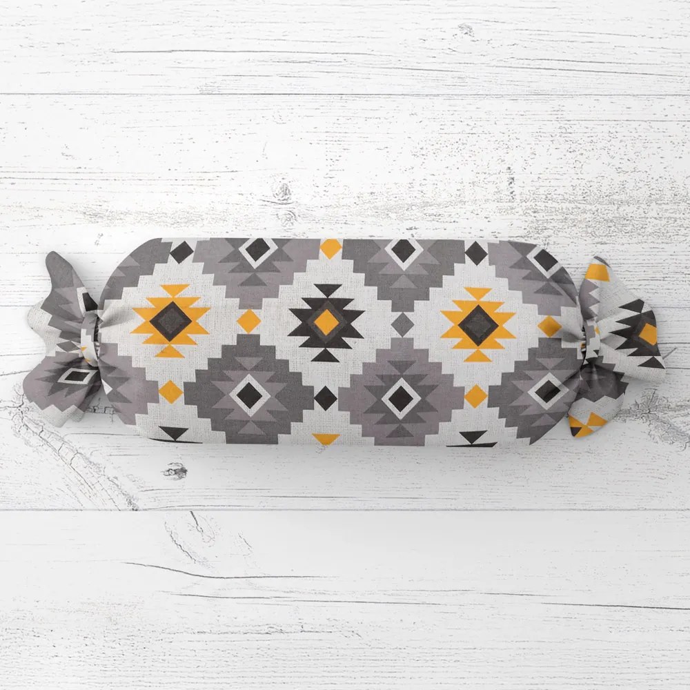 Biante Vankúš valec bonbon Sandra SA-520 Žlto-sivý aztécky vzor 15x40 cm