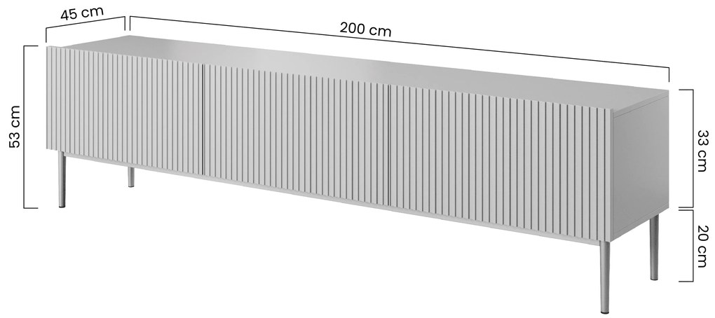 TV stolík Nicole 200 cm - biely mat / čierne nožičky