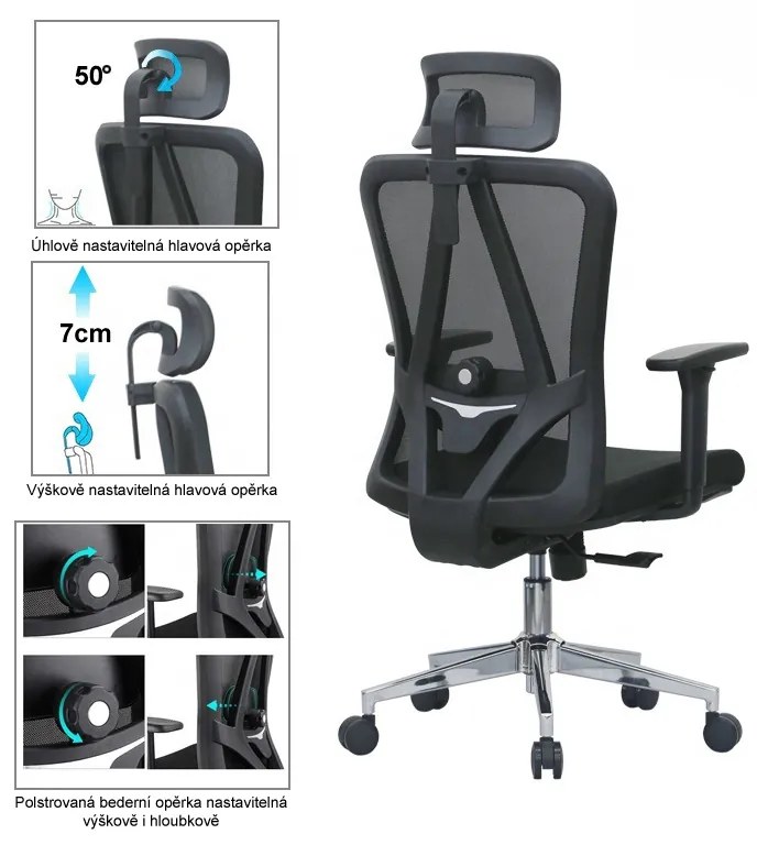 Kancelárska ergonomická stolička Neoseat BOROSI — sieť / látka, čierna, nosnosť 150 kg