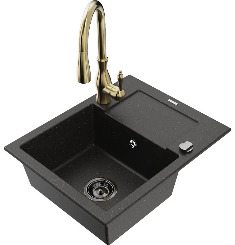 Mexen Enzo, 1-komorový granitový drez 576x465x174 mm a drezová batéria Savita, čierna-zlatá metalíza, 6506-75-672601-50-B