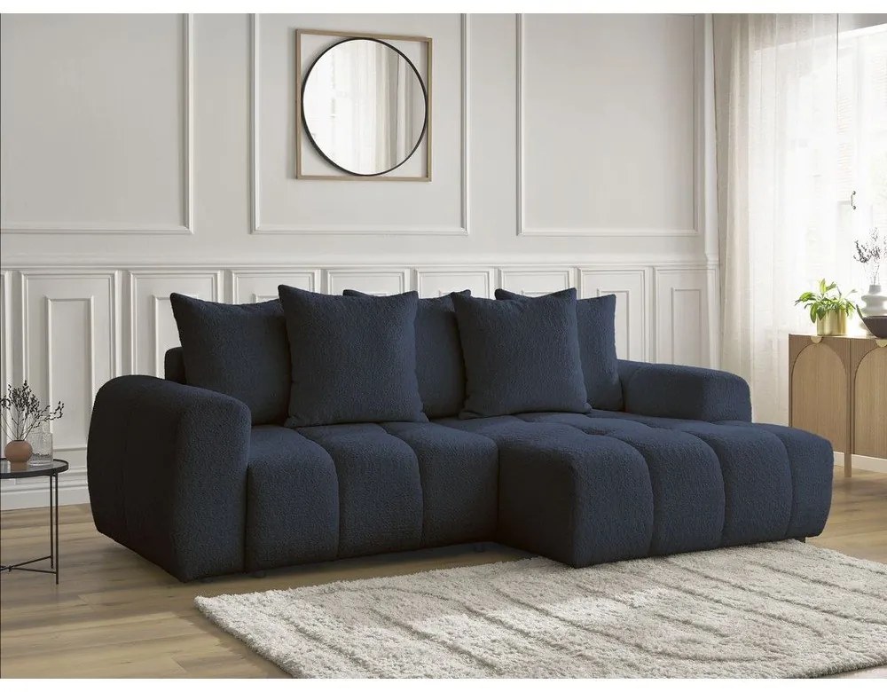 Modrá rozkladacia/s úložným priestorom rohová pohovka z textílie buklé (pravý roh/s leňoškou) Roxelane – Bobochic Paris