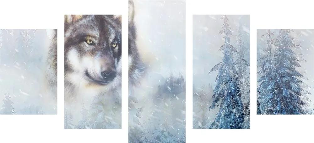 5-dielny obraz vlk v zasneženej krajine - 100x50