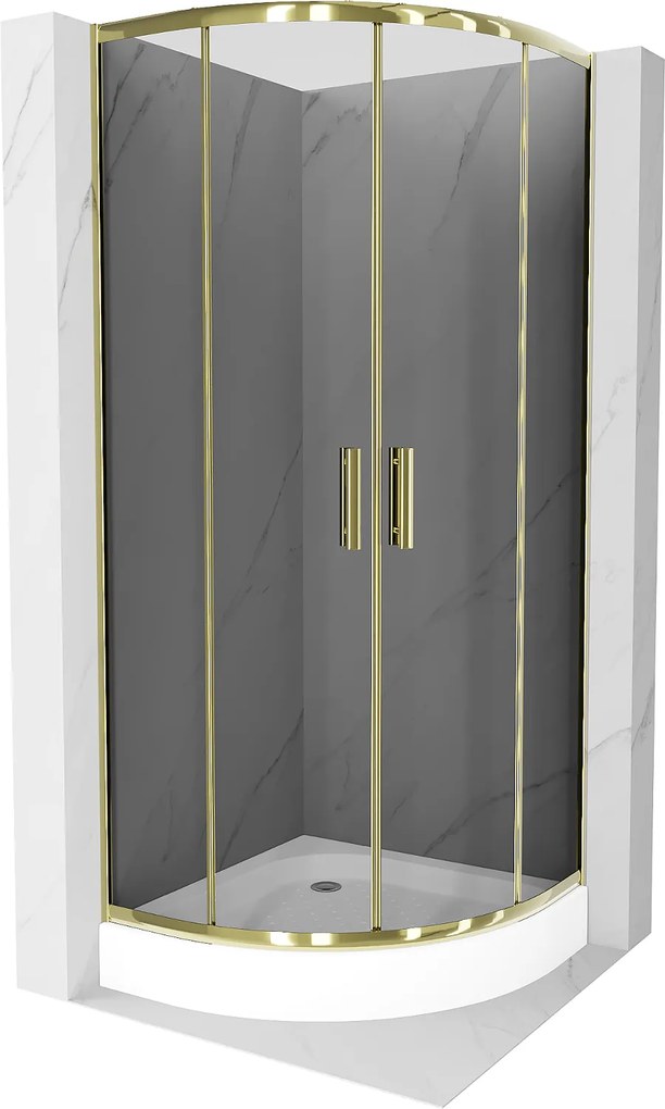 Mexen Rio, štvrťkruhový sprchovací kút s posuvnými dverami 80 (dvere) x 80 (dvere) x 190 cm, 5mm šedé sklo, zlatý profil + biela sprchová vanička RIO, 863-080-080-50-0-4710