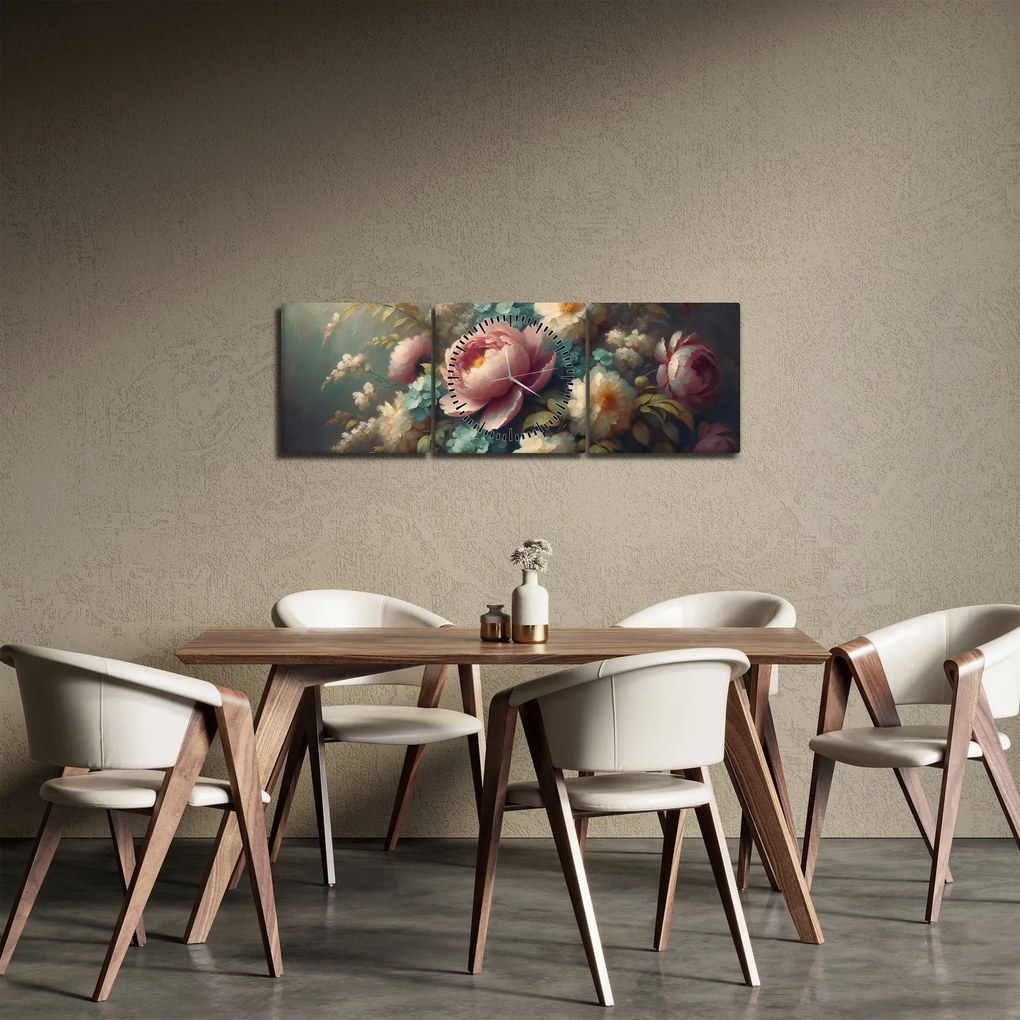 Obraz - Zátišie s kvetmi - maľba (s hodinami) (90x30 cm)