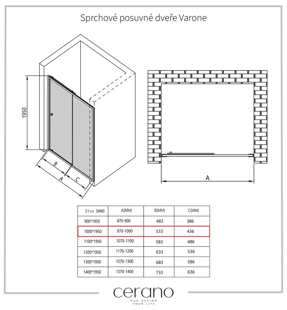Cerano Varone, sprchovací kút s posuvnými dverami 100(dvere) x 100 (stena) x 195 cm, 6mm číre sklo, čierny profil, CER-CER-DY505B-100100