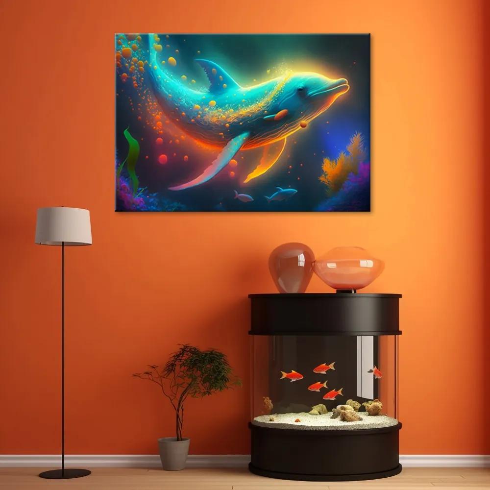 Obraz na plátně, Neonová velryba abstrakce - 90x60 cm