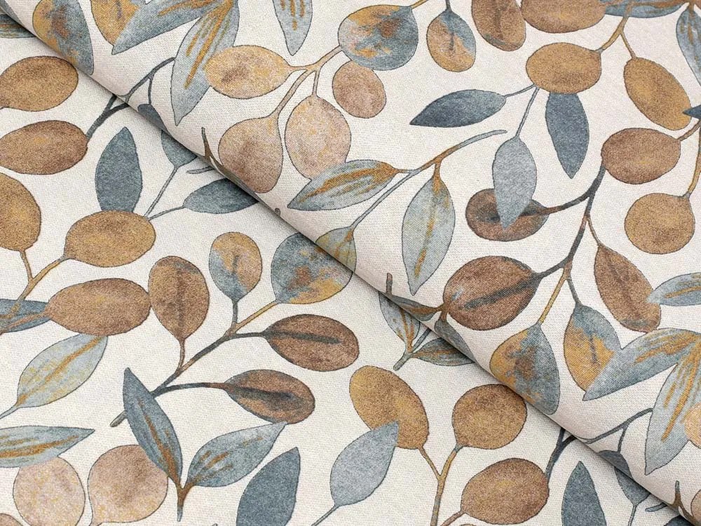 Biante Dekoračný záves Porto PRT-009 Modro-hnedé listy na režnom - šírka 130 cm 130x200 cm