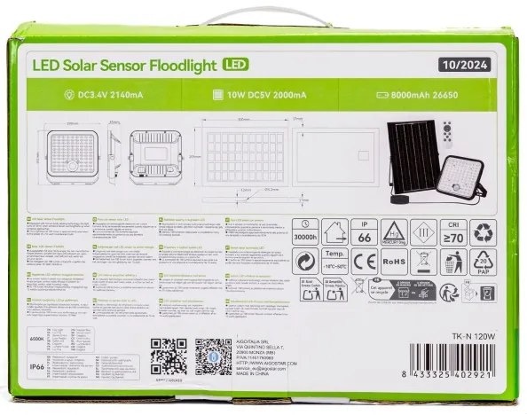 Aigostar - Stmievateľný solárny LED reflektor so snímačom, 120 W, 3,4 V, IP66 + diaľkový ovládač