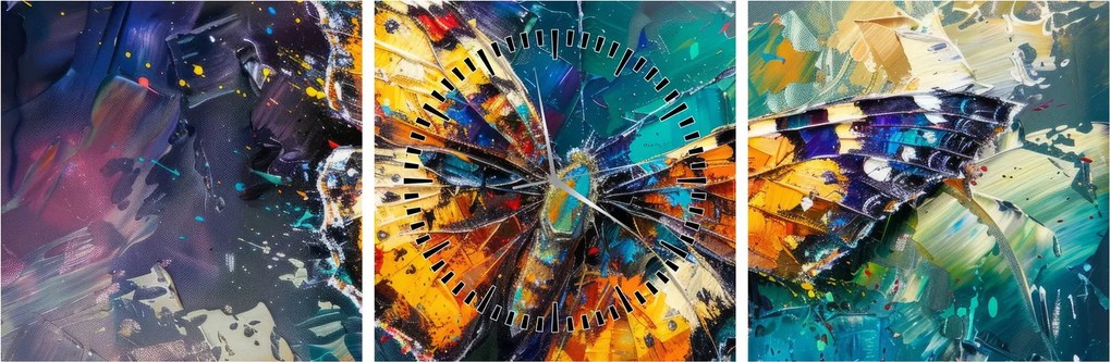Obraz - Motýľ, olejomaľba (s hodinami) (90x30 cm)