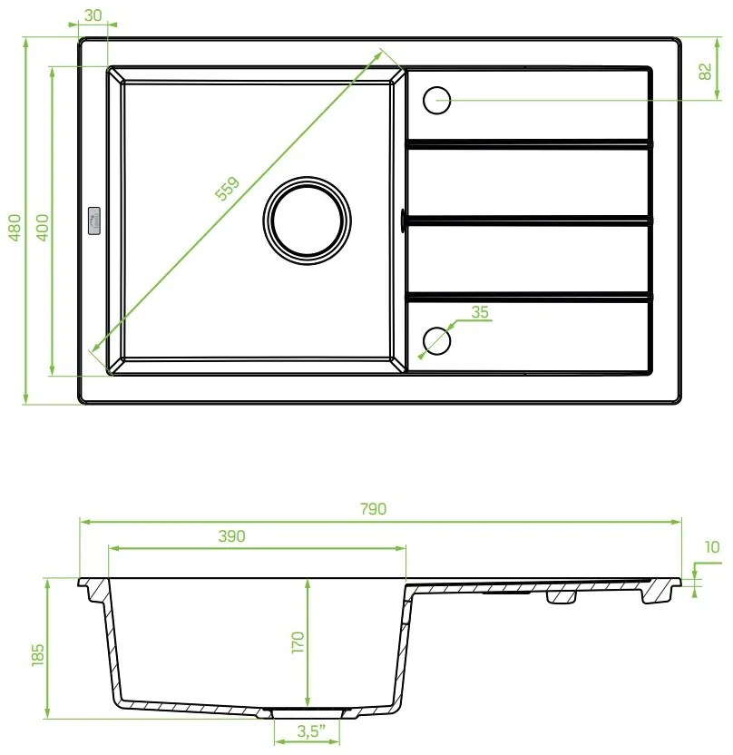 Laveo Trzynastka, 1-komorový granitový drez 790x480x185 mm, čierna škvrnitá, LAV-SBP_711T