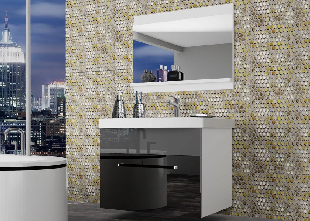 Kúpeľňový nábytok Belini čierny lesk / šedý lesk + umývadlo + zrkadlo ROD P 1/0/W/BS/0/ZW