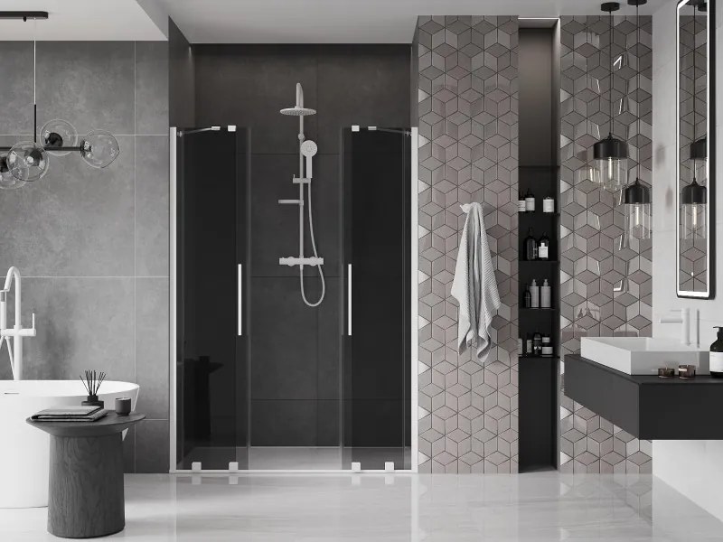 Mexen Velar Duo, posuvné sprchové dvere do otvoru 160 cm, 8mm šedé sklo, biela matná, 871-160-000-42-20