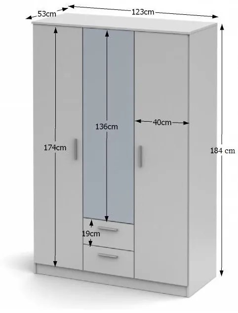 Kondela skriňa SINGA 82, trojdverová, so zrkadlom, biela
