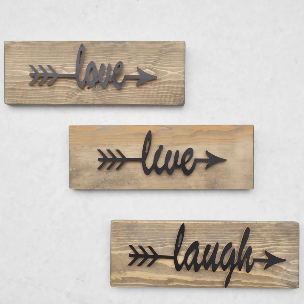 Nástenná drevená dekorácia LOVE LIVE LAUGH hnedá/čierna